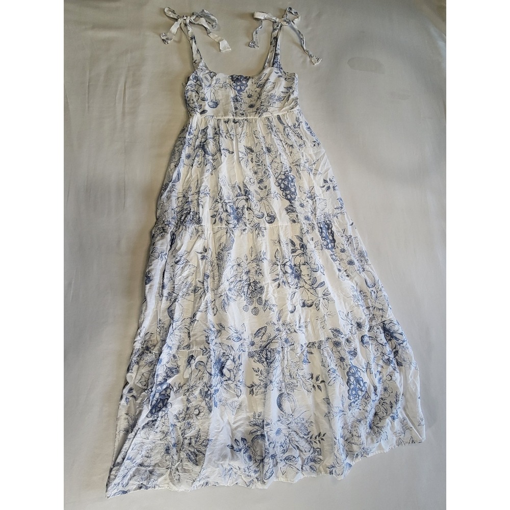 By the River Blue White Floral Toile Tiered Maxi Dress Small Tie Strap Smocked